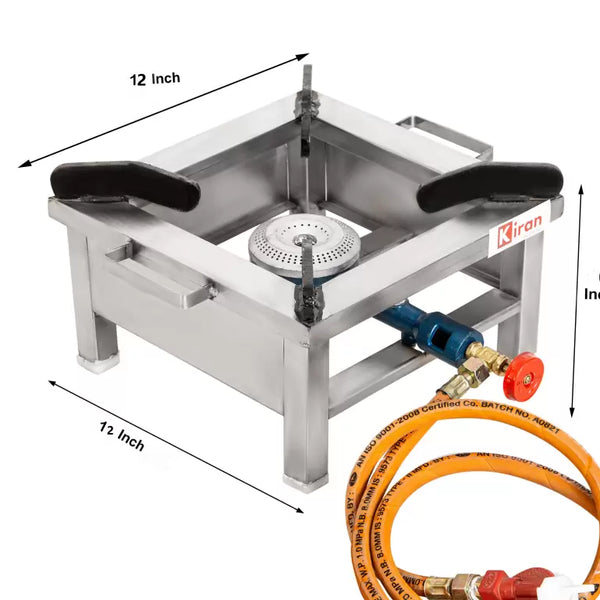kiran Gas stove/Bhatti with Brass nut hose pipe, High Pressure Regulator and valve Stainless Steel Manual Gas Stove  (1 Burners)