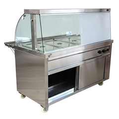 Premium 4000W Electric HOT Bain Marie Ready Counters with LED Light - Acrylic Sliding Door | Hot Inner Cabinets | 4 Wheels (2 With & 2 Without Brakes) | Wooden Packing for Glass | (GN Pans of 1/1 150mm)