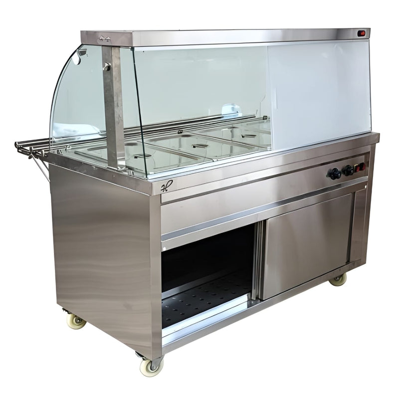 Premium 4000W Electric HOT Bain Marie Ready Counters with LED Light - Acrylic Sliding Door | Hot Inner Cabinets | 4 Wheels (2 With & 2 Without Brakes) | Wooden Packing for Glass | (GN Pans of 1/1 150mm)