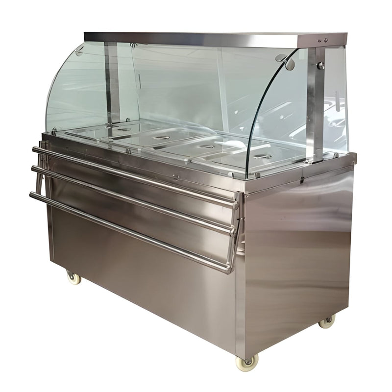 Premium 4000W Electric HOT Bain Marie Ready Counters with LED Light - Acrylic Sliding Door | Hot Inner Cabinets | 4 Wheels (2 With & 2 Without Brakes) | Wooden Packing for Glass | (GN Pans of 1/1 150mm)