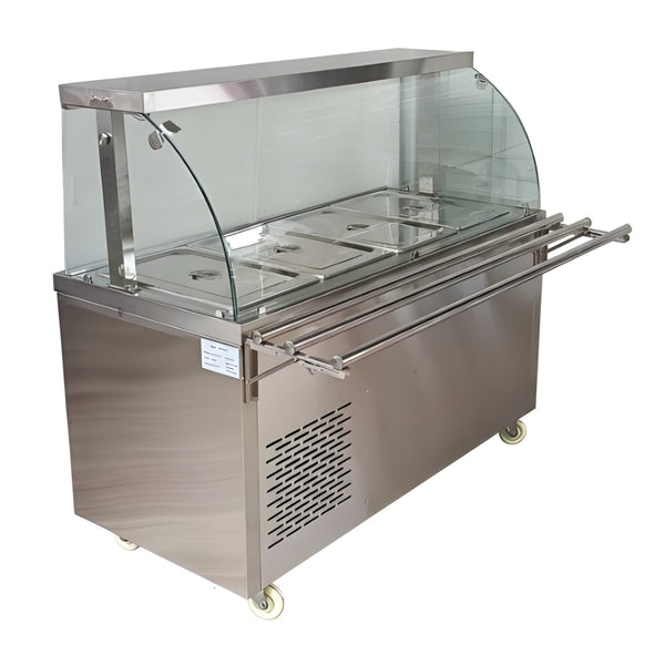 Premium Electric COLD Bain Marie Ready Counters with LED Light - Acrylic Sliding Door | Cold Inner Cabinets with Inbuilt Compressor & Exhauster | 4 Wheels (2 With & 2 Without Brakes) | Wooden Packing for Glass | (GN Pans of 1/1 150mm)