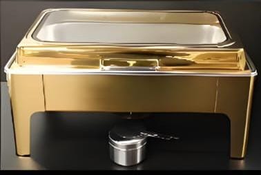 Gold Chafing Dish Rectangle 9L with Gel Based Heating + Transparent Lid + Hydraulic Soft Close ( 1 GN Pan of 1/1 65mm )