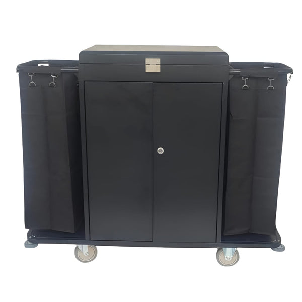 MS Black Housekeeping Trolley - Full Size with Two Sided Plain Bags | Door | Top Lid with Lock