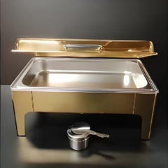 Gold Chafing Dish Rectangle 9L with Gel Based Heating + Transparent Lid + Hydraulic Soft Close ( 1 GN Pan of 1/1 65mm )