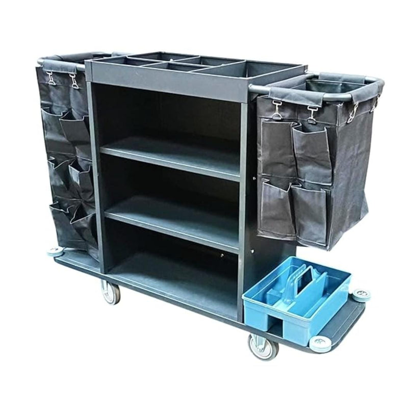 MS Black Housekeeping Trolley - Full Size with Two Sided Linen Bags with Pockets | Caddy Tool Basket |Attached SS Hangers