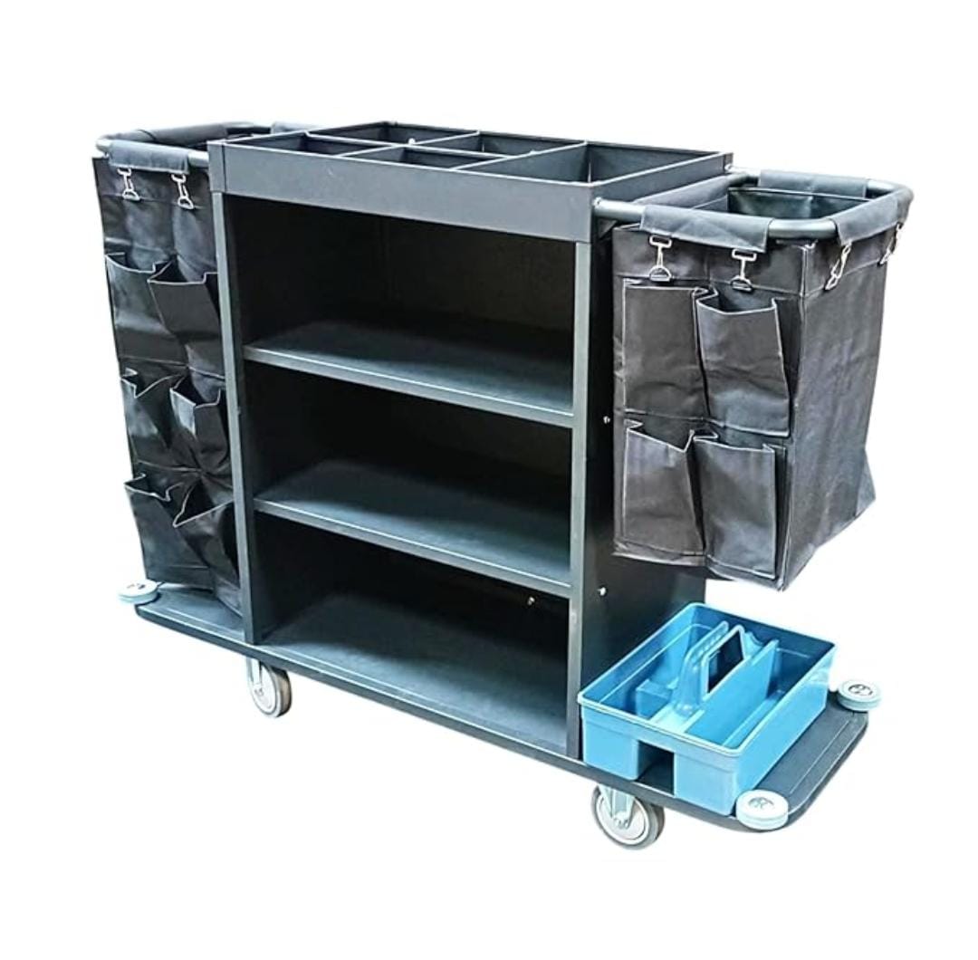 MS Black Housekeeping Trolley - Full Size with Two Sided Linen Bags with Pockets | Caddy Tool Basket |Attached SS Hangers