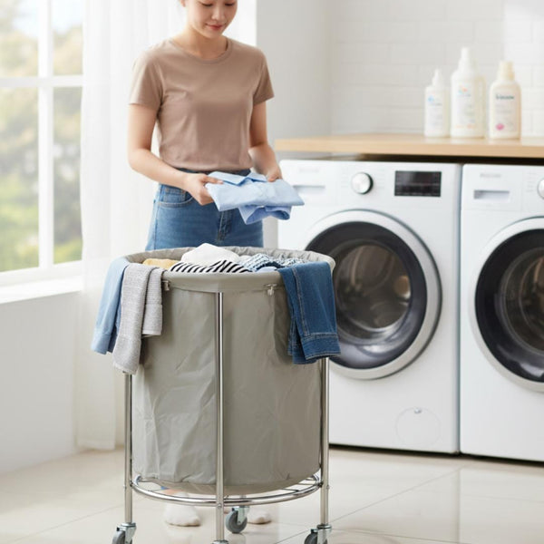 SS Round Laundry Trolley with Linen Bag