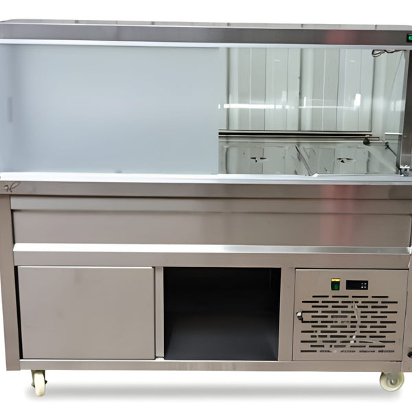 Premium Electric COLD Bain Marie Ready Counters with LED Light - Acrylic Sliding Door | Cold Inner Cabinets with Inbuilt Compressor & Exhauster | 4 Wheels (2 With & 2 Without Brakes) | Wooden Packing for Glass | (GN Pans of 1/1 150mm)