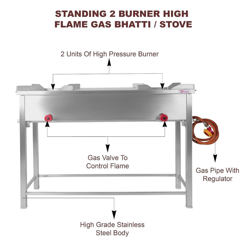 Kiran Enterprise Commercial 2 burner Gas bhatti with Fitted with Brass Nut Hose Pipe, High Pressure Regulator and valve