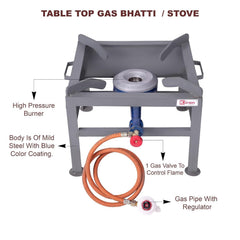 Kiran Enterprise Commercial 1 burner Gas bhatti with Fitted with Brass Nut Hose Pipe, High Pressure Regulator and valve