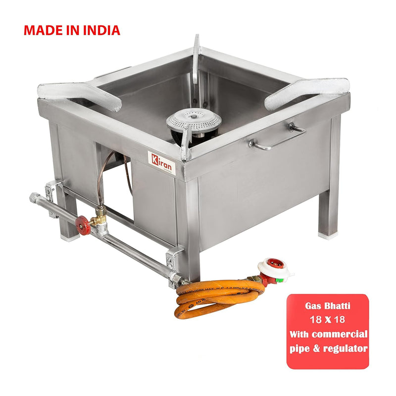 KIRAN ENTERPRISES Single Burner Commercial Gas Stove/Bhatti With Fitted Brass Nut Hose Pipe, Stainless Steel Manual Gas Stove (1 Burners)