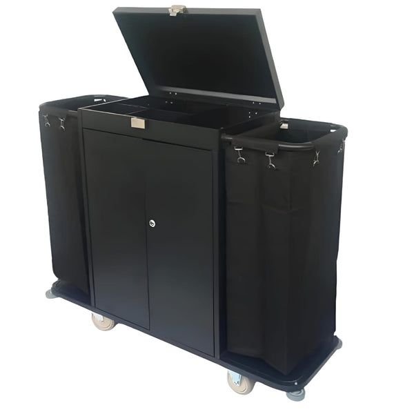 MS Black Housekeeping Trolley - Full Size with Two Sided Plain Bags | Door | Top Lid with Lock