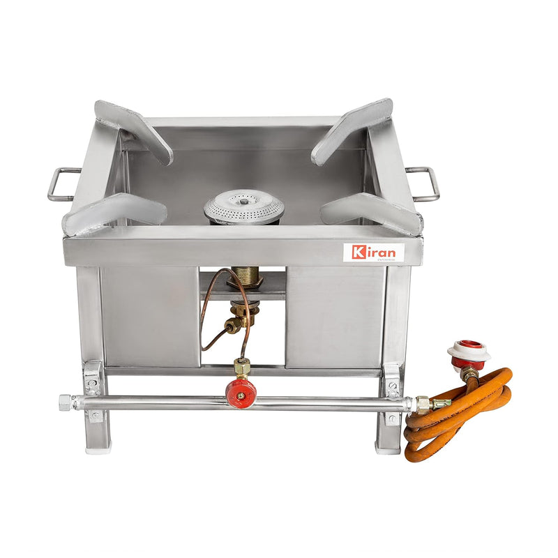 KIRAN ENTERPRISES Single Burner Commercial Gas Stove/Bhatti With Fitted Brass Nut Hose Pipe, Stainless Steel Manual Gas Stove (1 Burners)
