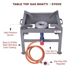 Kiran Enterprises Commercial 1 burner MS Gas bhatti with Fitted with Brass Nut Hose Pipe, High Pressure Regulator and valve