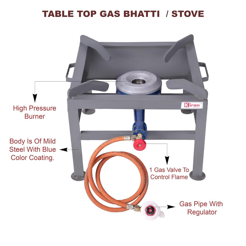 Kiran Enterprises Commercial 18x18 bhatti single burner Gas bhatti with Fitted with Brass Nut Hose Pipe, High Pressure Regulator and valve