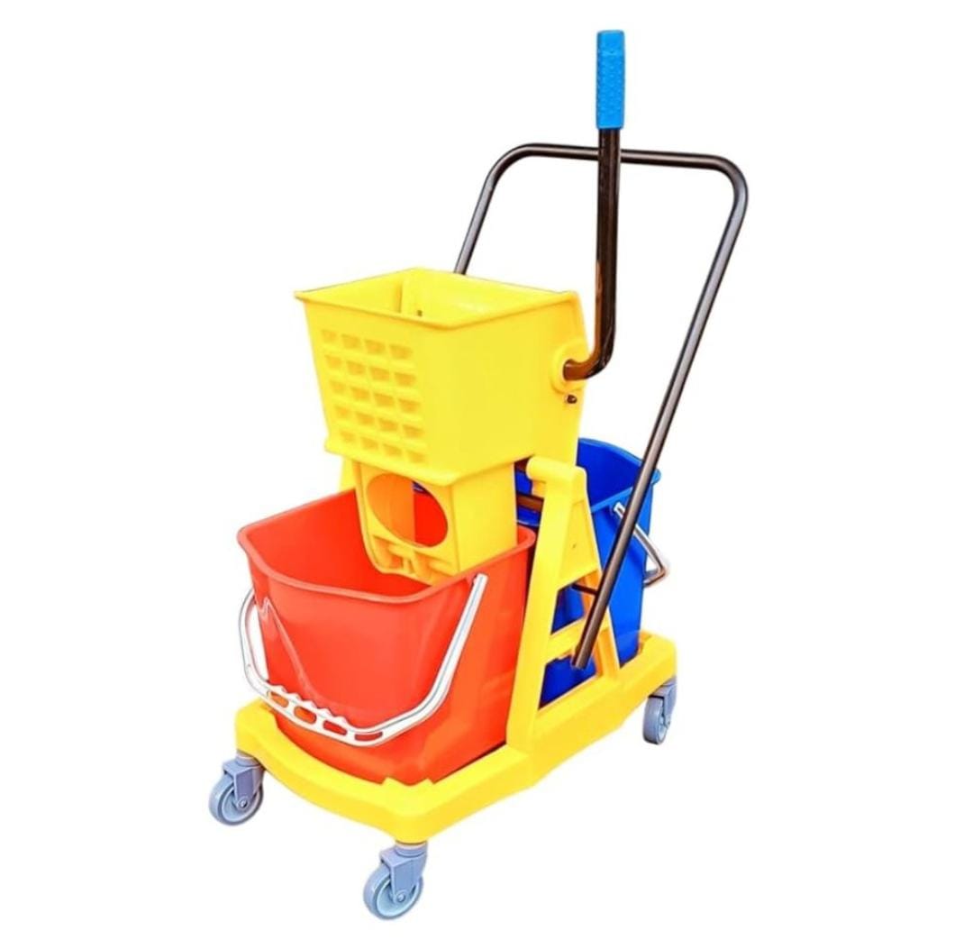 MS Handle Double Bucket Mop Wringer Trolley - 17L + 17L | Virgin Plastic Body