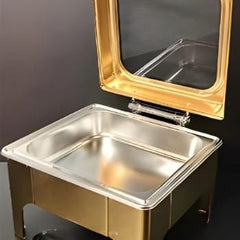Gold Chafing Dish Square 6L with Gel Based Heating + Transparent Lid + Hydraulic Soft Close ( 1 GN Pan of 2/3 65mm )