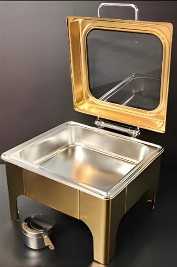 Gold Chafing Dish Square 6L with Gel Based Heating + Transparent Lid + Hydraulic Soft Close ( 1 GN Pan of 2/3 65mm )