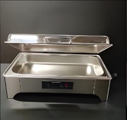 Digital Silver Chafing Dish Rectangle 9L with Inbuilt Heater + Transparent Lid + Hydraulic Soft Close ( 1 GN Pan of 1/1 65mm )
