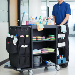 MS Black Housekeeping Trolley - Full Size with Two Sided Linen Bags with Pockets | Caddy Tool Basket |Attached SS Hangers