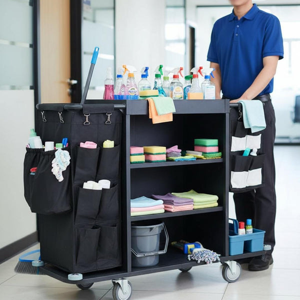 MS Black Housekeeping Trolley - Full Size with Two Sided Linen Bags with Pockets | Caddy Tool Basket |Attached SS Hangers