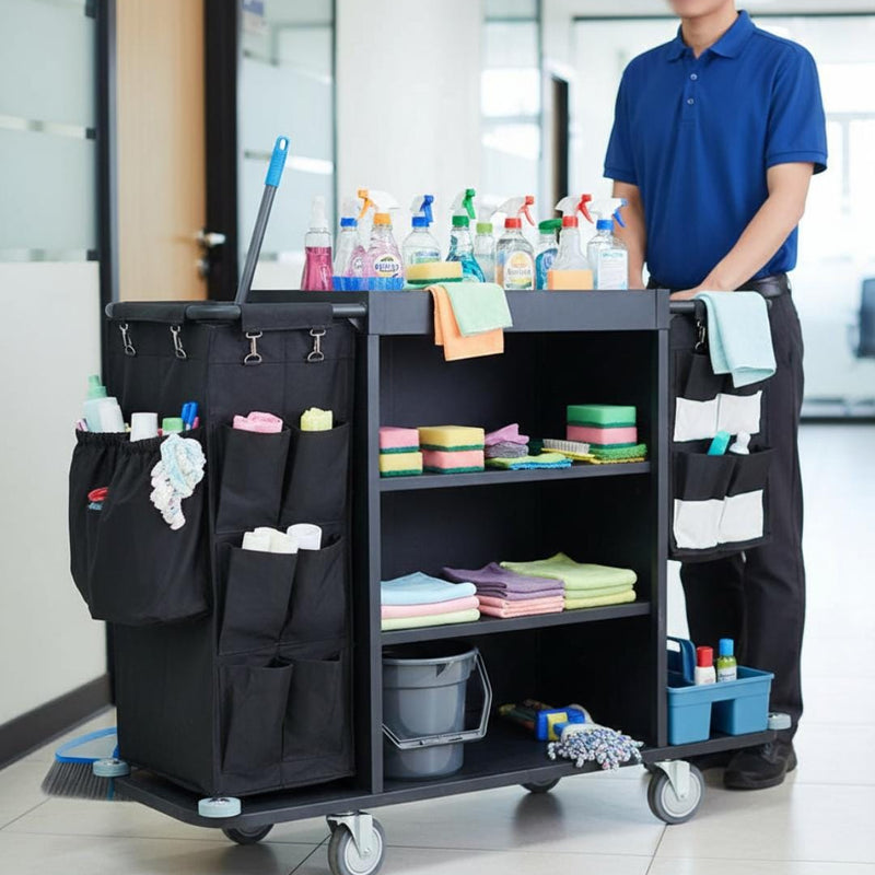 MS Black Housekeeping Trolley - Full Size with Two Sided Linen Bags with Pockets | Caddy Tool Basket |Attached SS Hangers