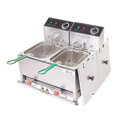 Kiran Enterprise Stainless Steel Electric & Gas 8 Liter Double Pan Deep Fryer for Restaurant and Kitchen and commercial Use