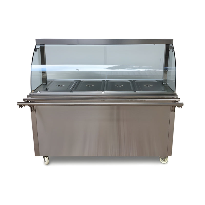 Premium 4000W Electric HOT Bain Marie Ready Counters with LED Light - Acrylic Sliding Door | Hot Inner Cabinets | 4 Wheels (2 With & 2 Without Brakes) | Wooden Packing for Glass | (GN Pans of 1/1 150mm)