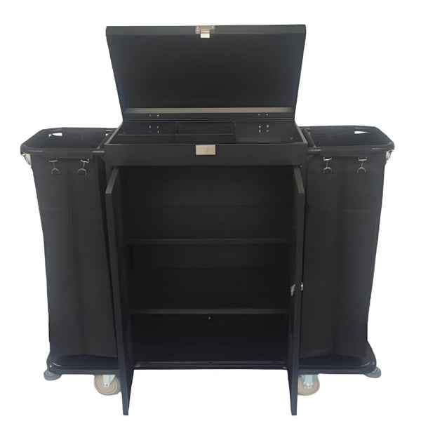 MS Black Housekeeping Trolley - Full Size with Two Sided Plain Bags | Door | Top Lid with Lock