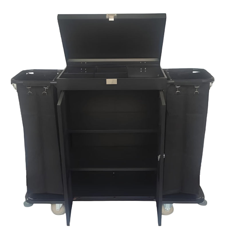 MS Black Housekeeping Trolley - Full Size with Two Sided Plain Bags | Door | Top Lid with Lock