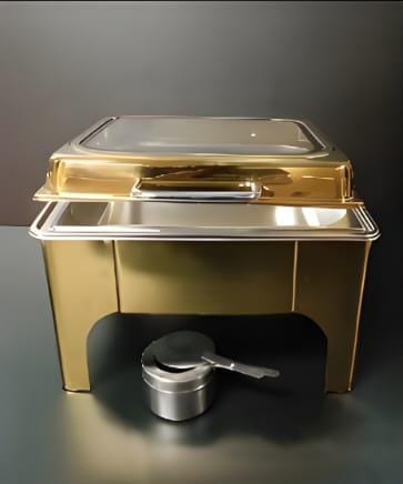 Gold Chafing Dish Square 6L with Gel Based Heating + Transparent Lid + Hydraulic Soft Close ( 1 GN Pan of 2/3 65mm )