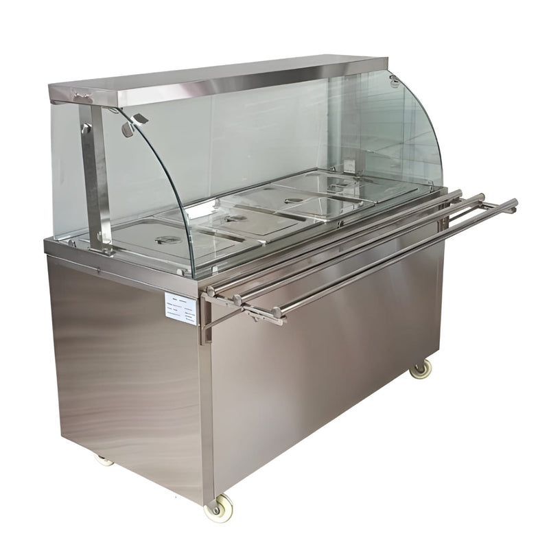 Premium 4000W Electric HOT Bain Marie Ready Counters with LED Light - Acrylic Sliding Door | Hot Inner Cabinets | 4 Wheels (2 With & 2 Without Brakes) | Wooden Packing for Glass | (GN Pans of 1/1 150mm)