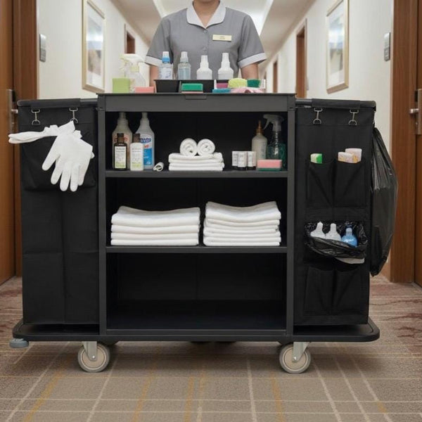 MS Black Housekeeping Trolley - Full Size with Two Sided Bags( 1 Side Plain + 1 Side with Pockets )