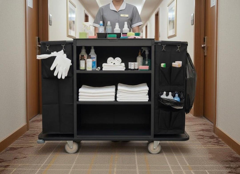 MS Black Housekeeping Trolley - Full Size with Two Sided Bags( 1 Side Plain + 1 Side with Pockets )
