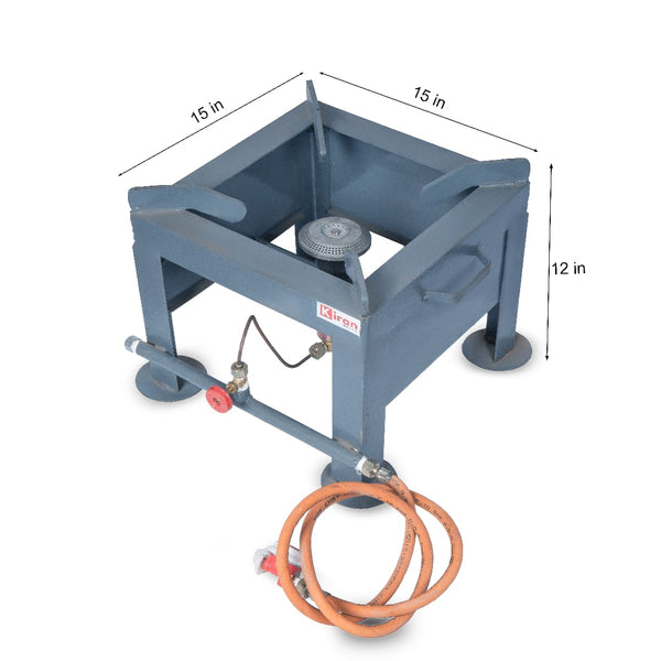 Kiran MS Gas Stove/Bhatti with Brass Nut Hose Pipe, High Pressure Regulator and value Stainless Steel Manual Gas Stove (1 Burners )