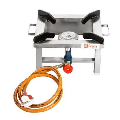 kiran Gas stove/Bhatti with Brass nut hose pipe, High Pressure Regulator and valve Stainless Steel Manual Gas Stove 10 x 10 (1 Burners)
