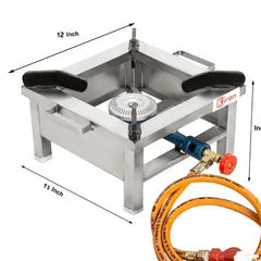 kiran Gas stove/Bhatti with Brass nut hose pipe, High Pressure Regulator and valve Stainless Steel Manual Gas Stove 12 x 12 (1 Burners)