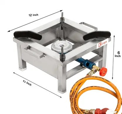 kiran Gas stove/Bhatti with Brass nut hose pipe, High Pressure Regulator and valve Stainless Steel Manual Gas Stove 12 x 12 (1 Burners)