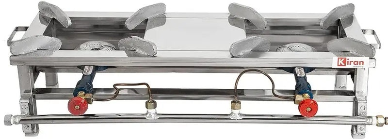 KIRAN ENTERPRISES 2 Burner Commercial Gas stove/Bhatti with Fitted Brass Nut Hose Pipe Stainless Steel Manual Gas Stove (2 Burners)