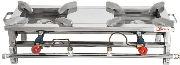 KIRAN ENTERPRISES 2 Burner Commercial Gas stove/Bhatti with Fitted Brass Nut Hose Pipe Stainless Steel Manual Gas Stove (2 Burners)