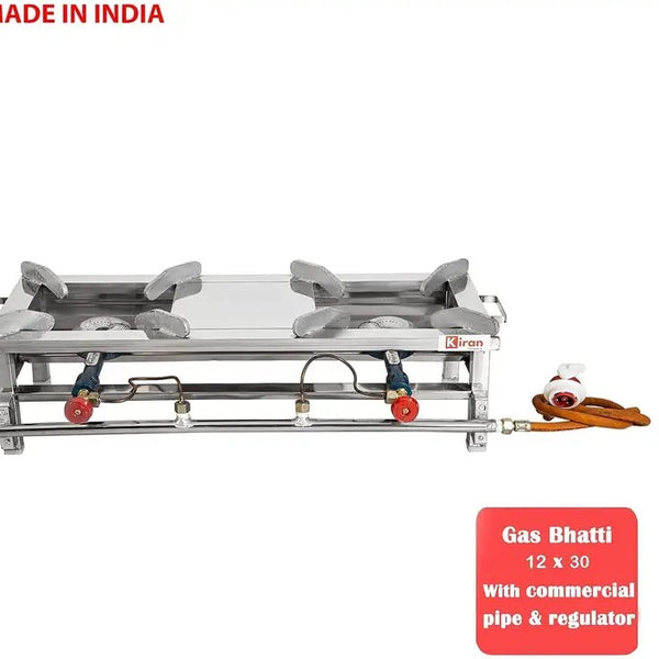 KIRAN ENTERPRISES 2 Burner Commercial Gas stove/Bhatti with Fitted Brass Nut Hose Pipe Stainless Steel Manual Gas Stove (2 Burners)