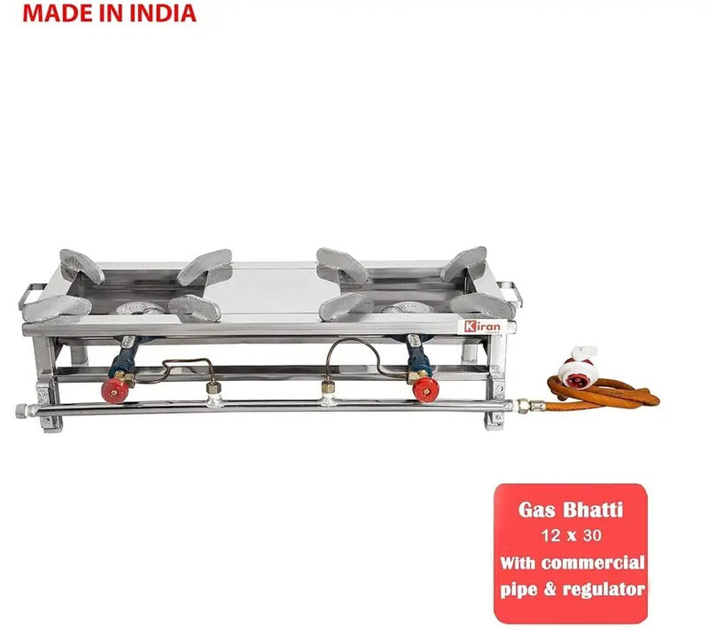 KIRAN ENTERPRISES 2 Burner Commercial Gas stove/Bhatti with Fitted Brass Nut Hose Pipe Stainless Steel Manual Gas Stove (2 Burners)