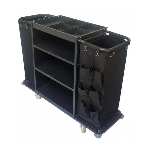 MS Black Housekeeping Trolley - Full Size with Two Sided Bags( 1 Side Plain + 1 Side with Pockets )