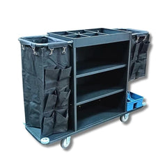 MS Black Housekeeping Trolley - Full Size with Two Sided Linen Bags with Pockets | Caddy Tool Basket |Attached SS Hangers