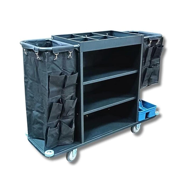 MS Black Housekeeping Trolley - Full Size with Two Sided Linen Bags with Pockets | Caddy Tool Basket |Attached SS Hangers