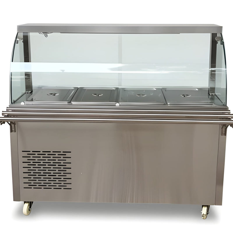 Premium Electric COLD Bain Marie Ready Counters with LED Light - Acrylic Sliding Door | Cold Inner Cabinets with Inbuilt Compressor & Exhauster | 4 Wheels (2 With & 2 Without Brakes) | Wooden Packing for Glass | (GN Pans of 1/1 150mm)