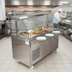 Premium Electric COLD Bain Marie Ready Counters with LED Light - Acrylic Sliding Door | Cold Inner Cabinets with Inbuilt Compressor & Exhauster | 4 Wheels (2 With & 2 Without Brakes) | Wooden Packing for Glass | (GN Pans of 1/1 150mm)