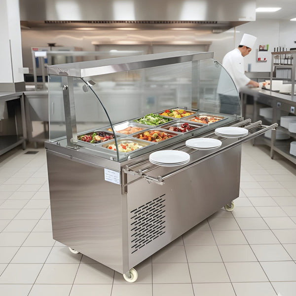 Premium Electric COLD Bain Marie Ready Counters with LED Light - Acrylic Sliding Door | Cold Inner Cabinets with Inbuilt Compressor & Exhauster | 4 Wheels (2 With & 2 Without Brakes) | Wooden Packing for Glass | (GN Pans of 1/1 150mm)