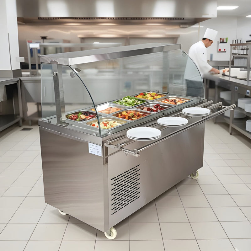 Premium Electric COLD Bain Marie Ready Counters with LED Light - Acrylic Sliding Door | Cold Inner Cabinets with Inbuilt Compressor & Exhauster | 4 Wheels (2 With & 2 Without Brakes) | Wooden Packing for Glass | (GN Pans of 1/1 150mm)