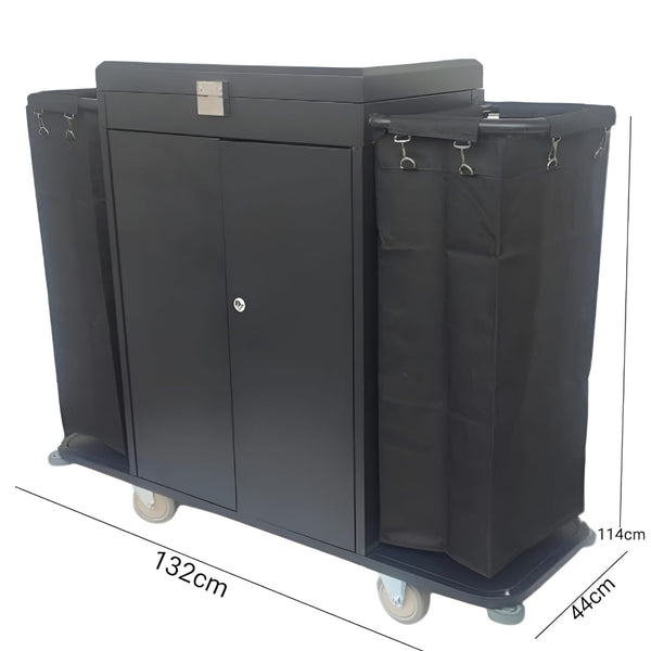 MS Black Housekeeping Trolley - Full Size with Two Sided Plain Bags | Door | Top Lid with Lock